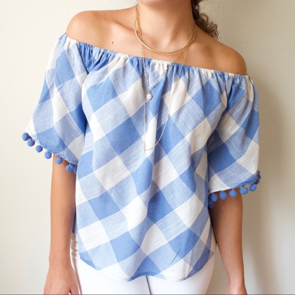 Kori Tops - Gingham Off-the-Shoulder Pom Pom Blouse